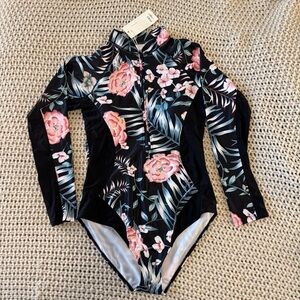 Elegant Black and Pink Floral Surf One Piece Swimsuit